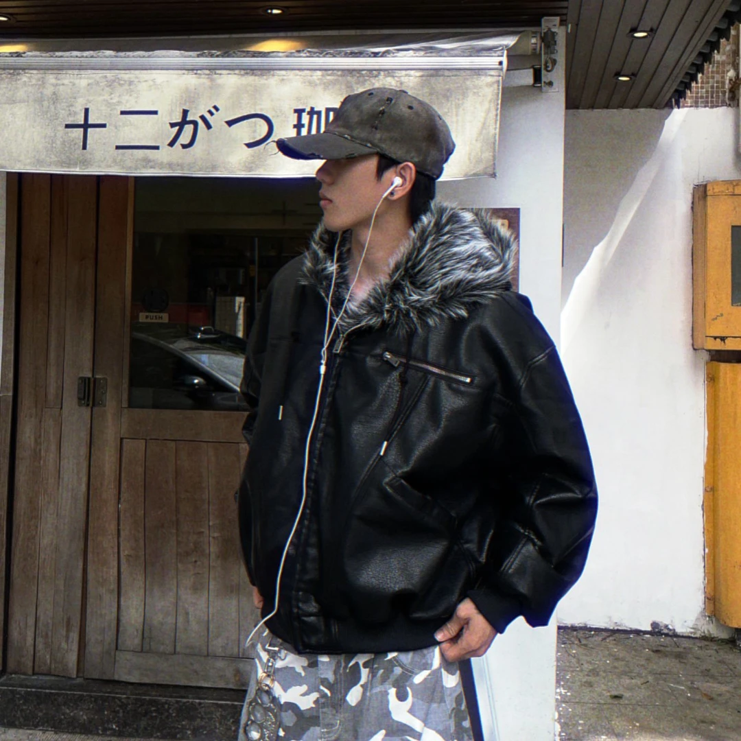 抗寒保暖2025新款皮毛一体连帽男士冬季毛毛外套时尚百搭派克服潮