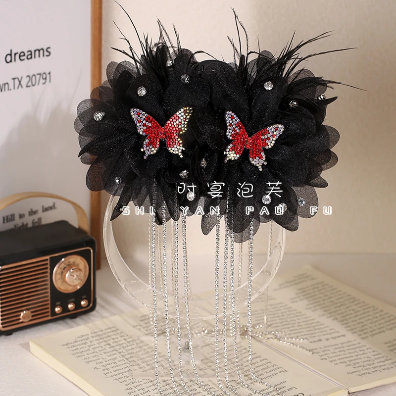 九重紫冬季新款优雅流苏羽毛抓夹显发量蓬松高颅顶鲨鱼夹发夹女