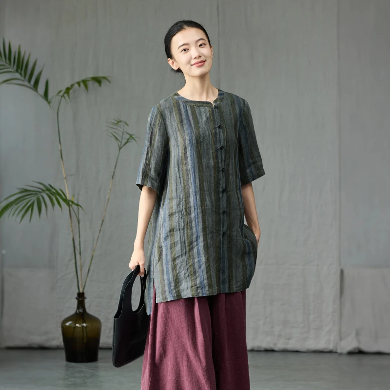 Q.TU条纹衬衫女中式复古4557法国21英支色织亚麻高级夏季新款衬衣