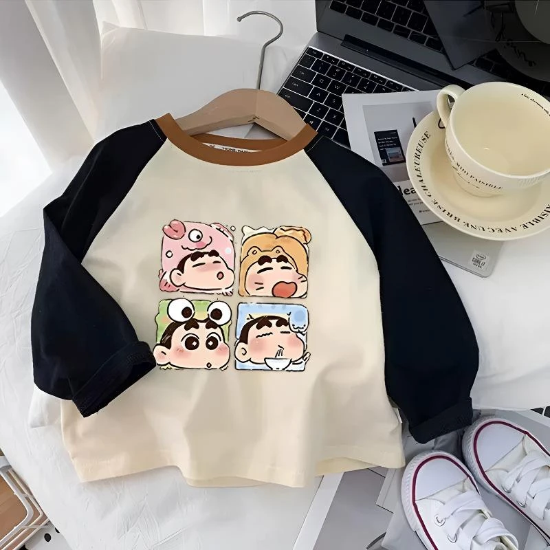 纯棉男女儿童t恤长袖拼色2025小新卡通中小童内搭打底衫上衣春秋