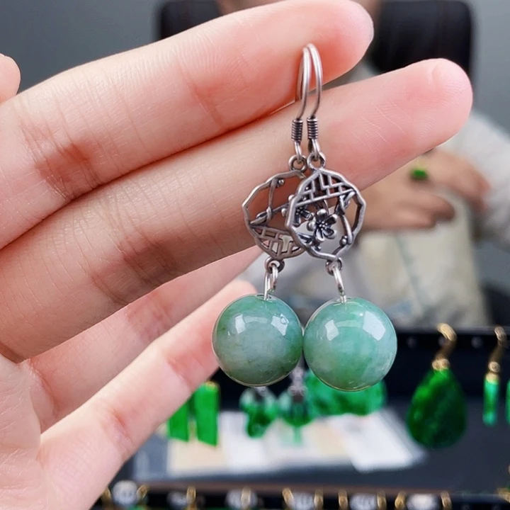 翡翠耳饰银S925镶嵌饰品