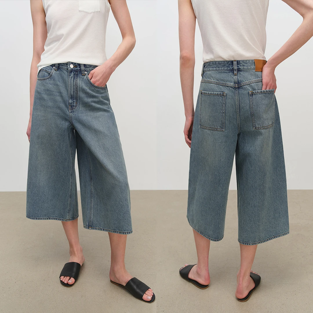 MSBEAST日本冈山水洗荃棉牛仔_率性时髦中腰微A阔腿七分牛仔中裤