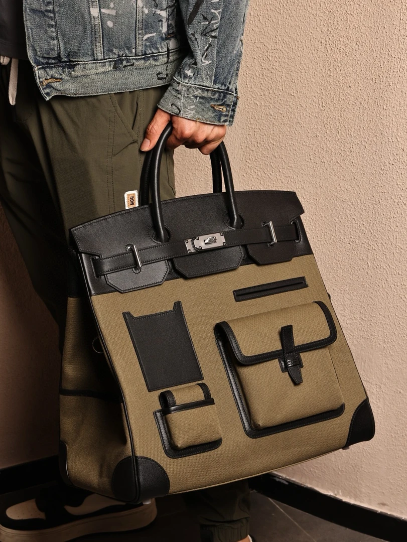 HacCargo40牛皮拼帆布ins休闲旅行包男士真皮撞色高档百搭