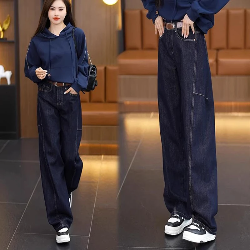 拉夏贝尔丹宁蓝牛仔弯刀阔腿裤春秋2025新款高腰显瘦宽松直筒长裤