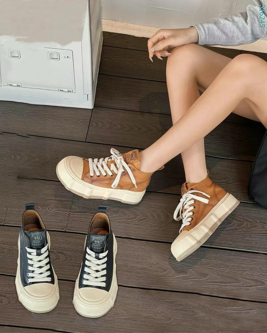 女鞋时尚百搭真皮厚底系带休闲鞋复古舒适潮流平底韩版圆头秋季