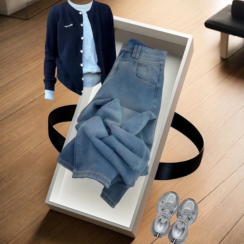 高腰麦穗直筒牛仔裤女大码胖mm2025春秋新款遮胯牛仔裤宽松阔腿裤