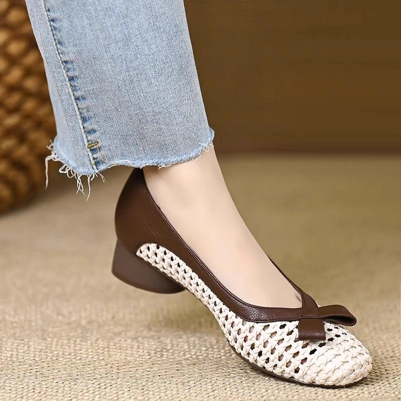 软羊皮法式复古编织缕空粗跟单鞋女透气软底奶奶鞋洞洞凉鞋子