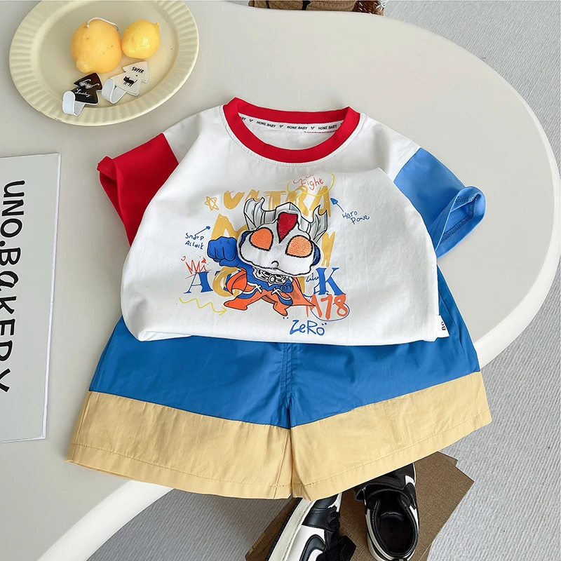 夏季短袖套装吸汗日系可爱挖掘机洋气T恤运动男宝童女童纯棉休闲