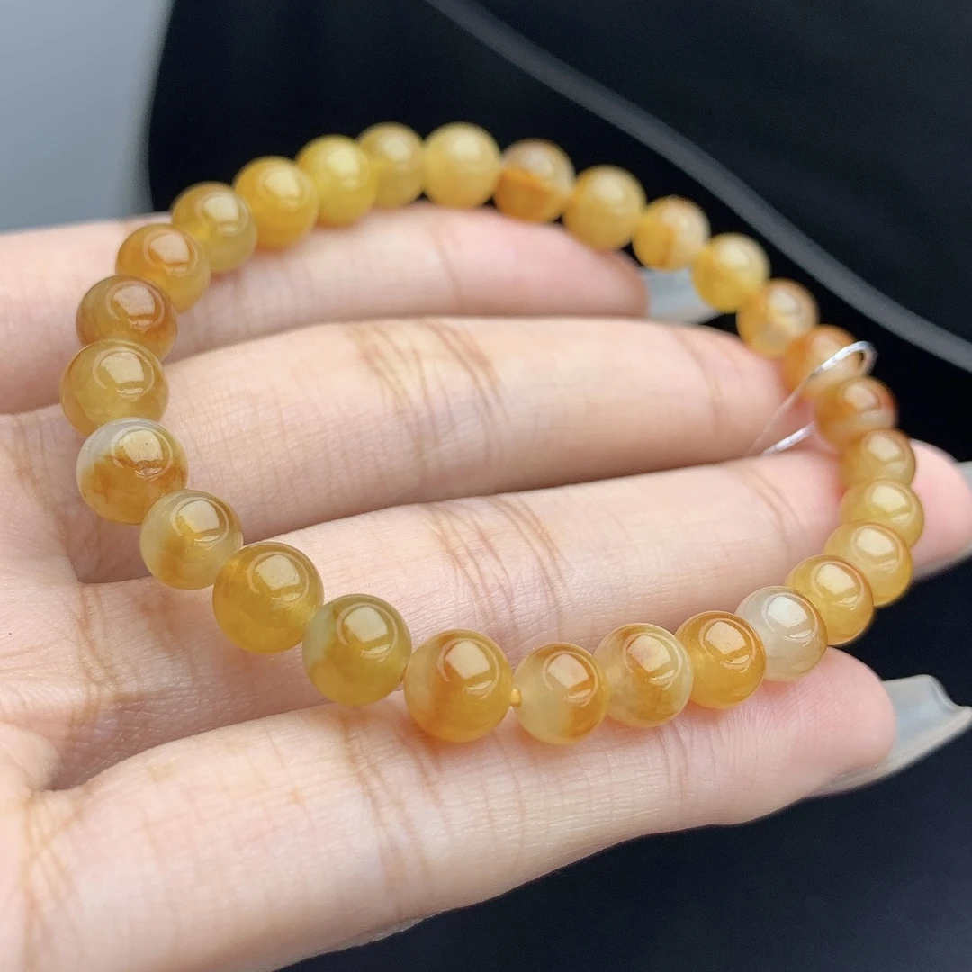 缅甸A货翡翠黄红翡鸳鸯聚宝盆半山水圆珠手链手串单圈T卡6.5-7mm