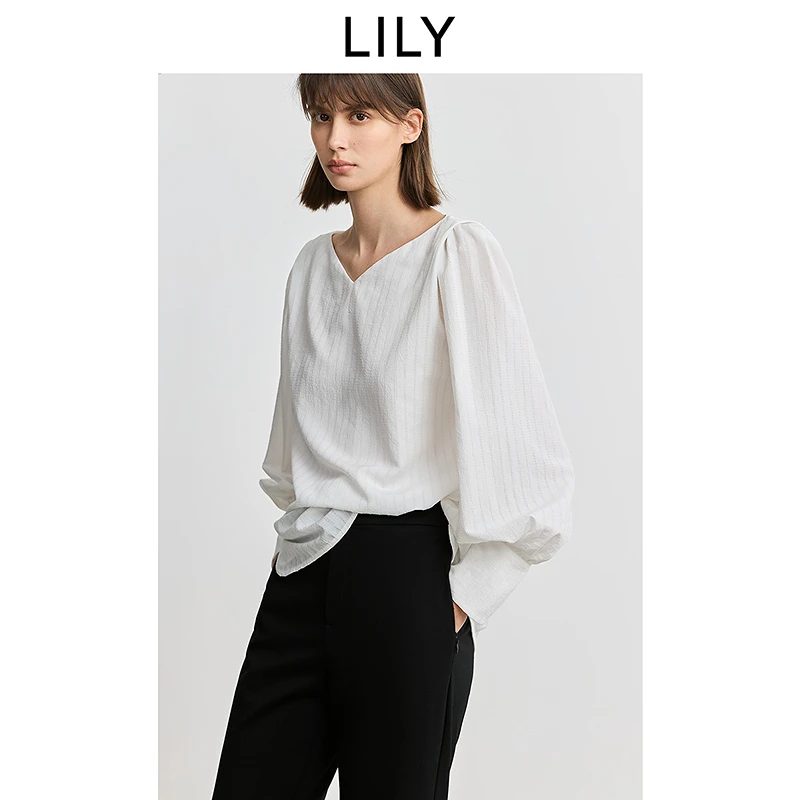 LILY2025春新款女装蕾丝衫/雪纺衫125149C8906