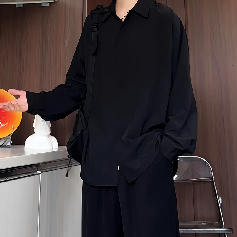 秋装新款长袖衬衫男士宽松大码潮百搭休闲设计感暗门襟纯色衬衣男