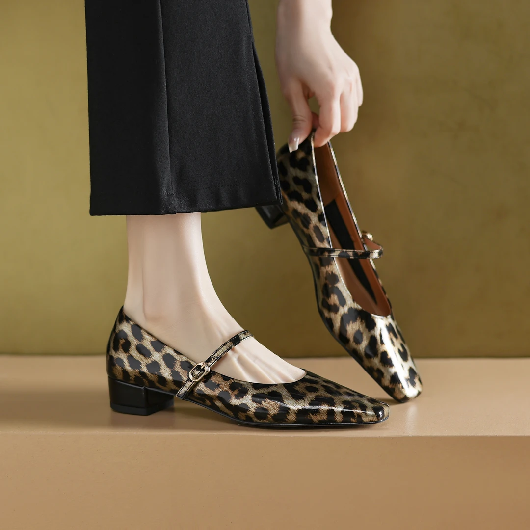 3厘米低跟复古头层牛漆皮豹纹一字带时尚玛丽珍单鞋