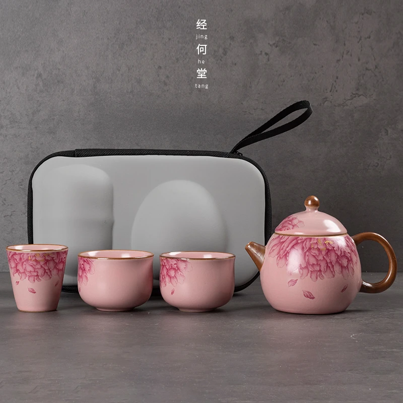 汝窑旅行茶具轻奢套装精致户外旅游一壶便携三杯便携式茶壶
