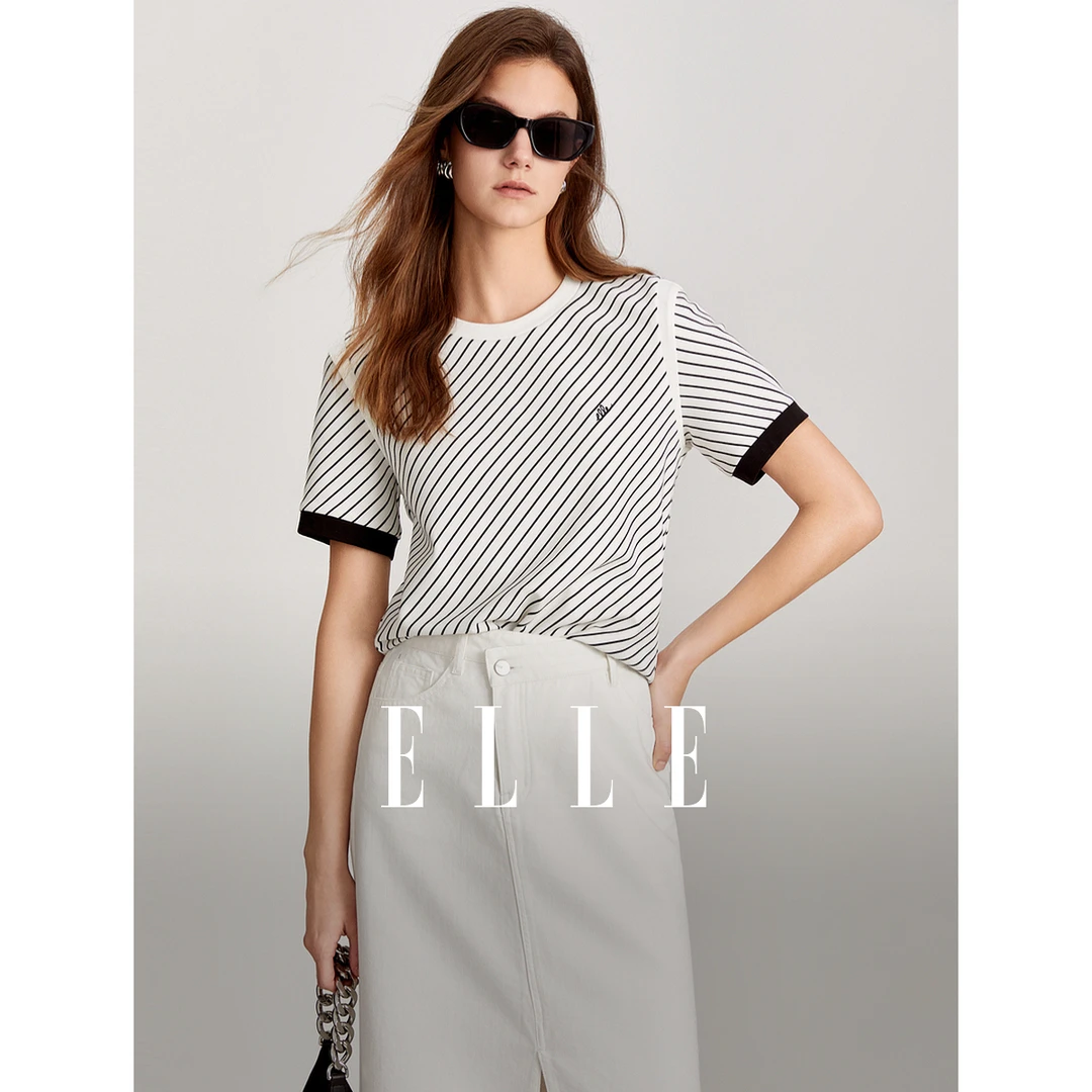 ELLE圆领百搭T恤2024夏季新款欧若风时尚气质休闲条纹ET47876