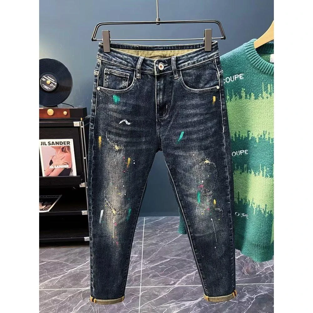 破洞牛仔裤男士夏季修身小脚潮流漆点泼墨夏新款男长裤子2025新款