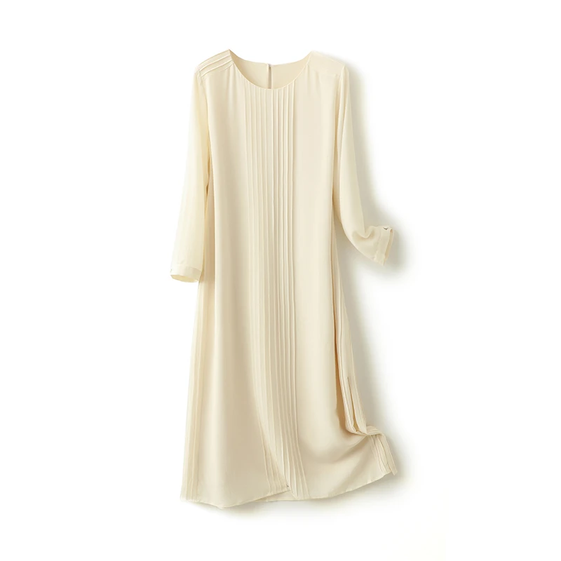 墨枝重磅不挑人气质纯色鬼皱桑蚕丝连衣裙v领D9009327A