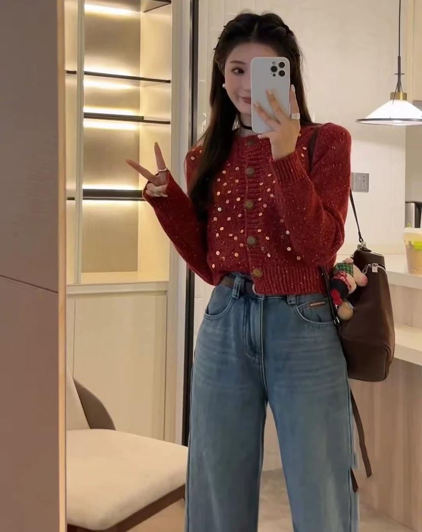 红色毛衣小香风女夏季气质名媛亮片V领设计感超好看针织衫上衣