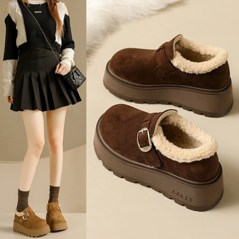 加绒乐福鞋女2025新款冬季加厚保暖棉鞋厚底增高雪地靴复古勃肯鞋