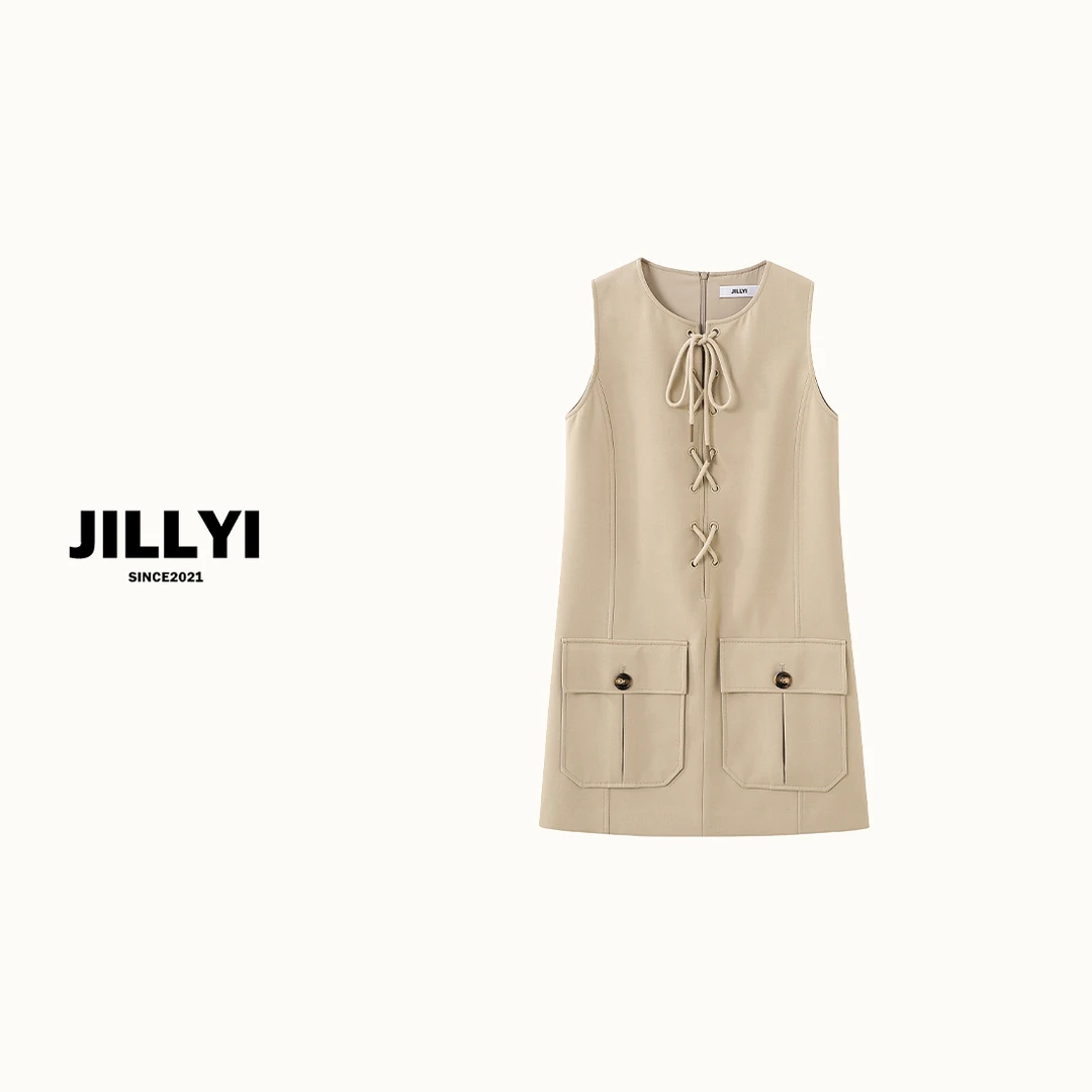 JILLYI【复古卡其】焦糖色圆领绑带工艺韩版时尚百搭中长款连衣裙