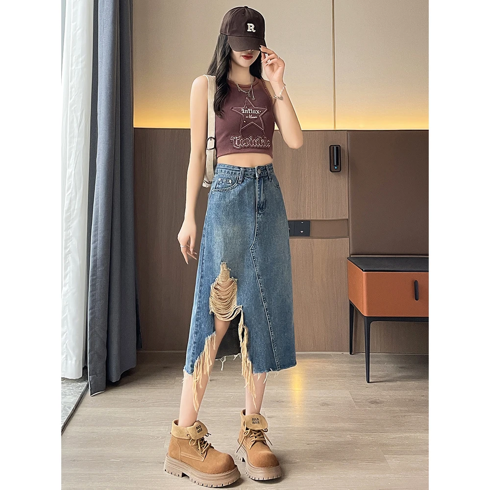 辣妹牛仔半身裙女夏季2025年新款破洞高腰不规则开叉a字中长裙子