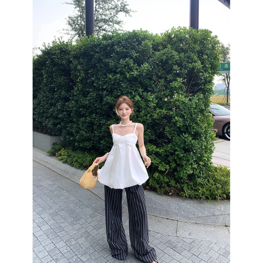 辣妹松弛感蝴蝶结露背吊带上衣套装女韩版百搭条纹休闲长裤两件套
