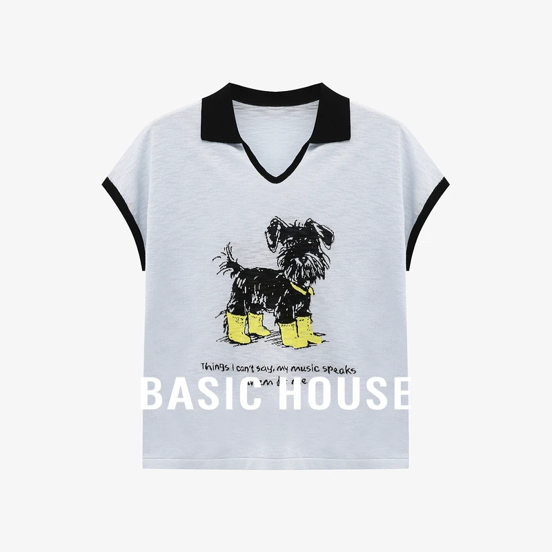 Basic House/百家好撞色袖口翻领印花小狗设计夏季新款短袖针织衫