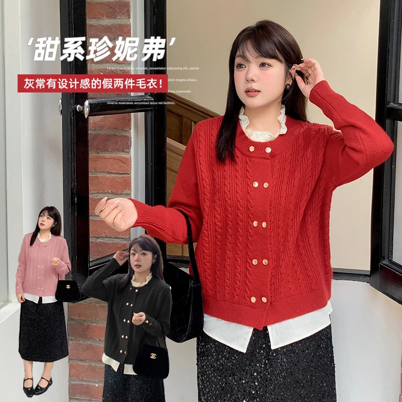 大码女装甜美假两件毛衣女冬季新款麻花纹显瘦上衣