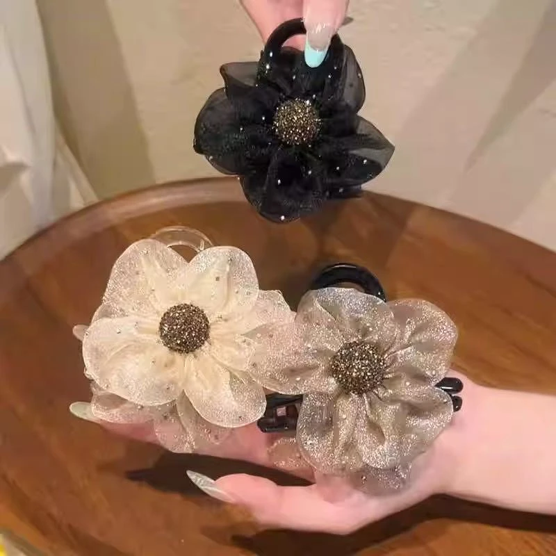 (三个)网纱水钻花朵太阳花抓夹(8厘米)马尾丸