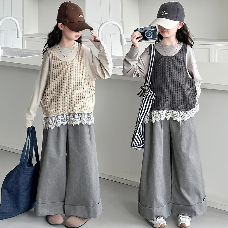 女童春装套装2025新款中大童网红洋气儿童装小女孩春秋背心三件套