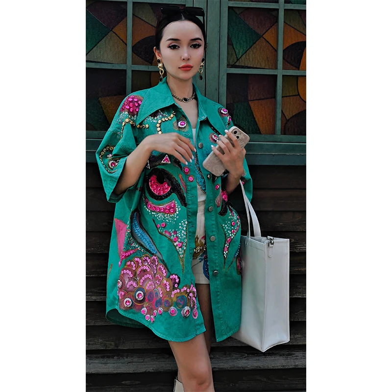 JIE LI/街力设计师高级感简约宽松绿色牛仔衬衫女S7686