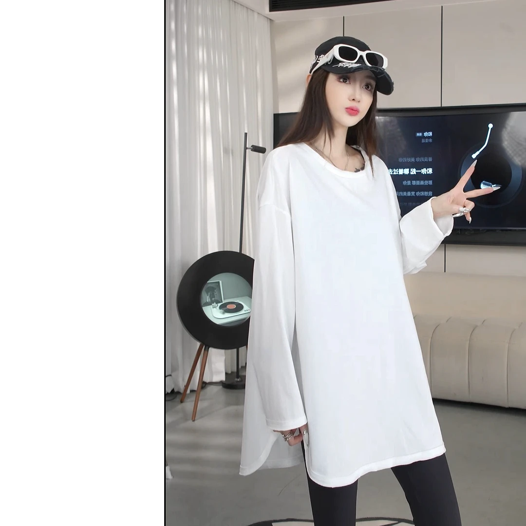 【赵一一】2025秋季新款宽松舒适百搭休闲弧摆开叉打底衫 Y26033
