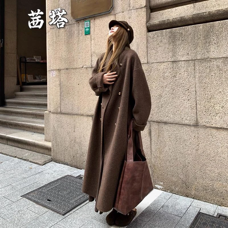 中长款双面毛呢大衣女2025冬季高级感韩系宽松廓形毛呢外套小个子