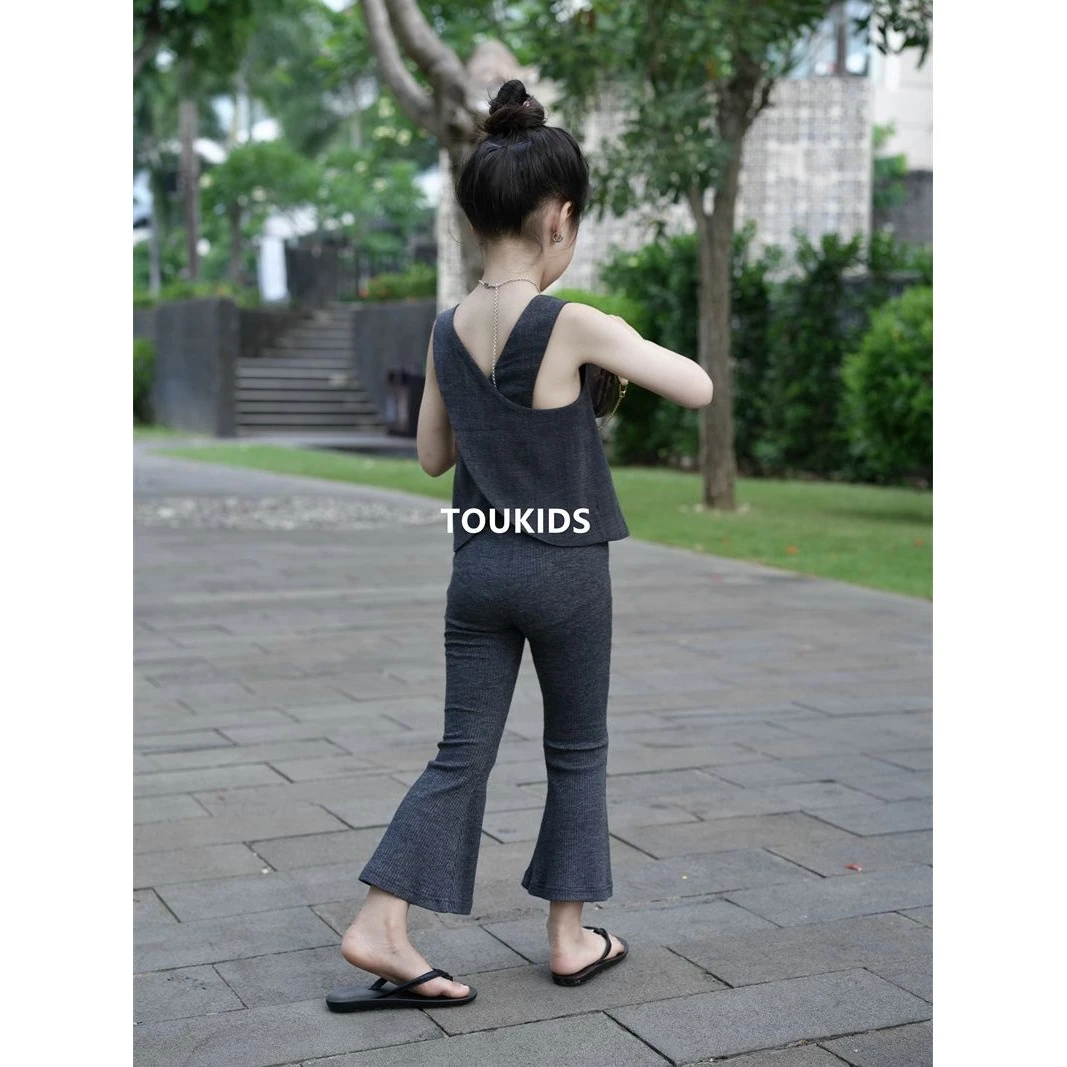 女童套装夏装薄款韩版交叉露背背心上衣洋气时髦弹力喇叭裤九分裤