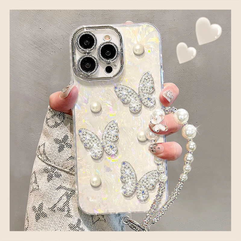 珍珠蝴蝶手链适用苹果16promax手机壳13精孔贝壳纹15高级感14女生