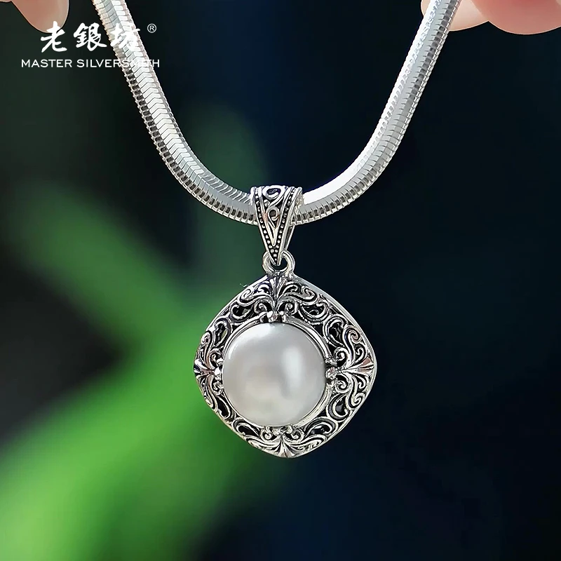 老银坊天然淡水珍珠吊坠 s925银复古方块 小众珠宝饰品 00231596