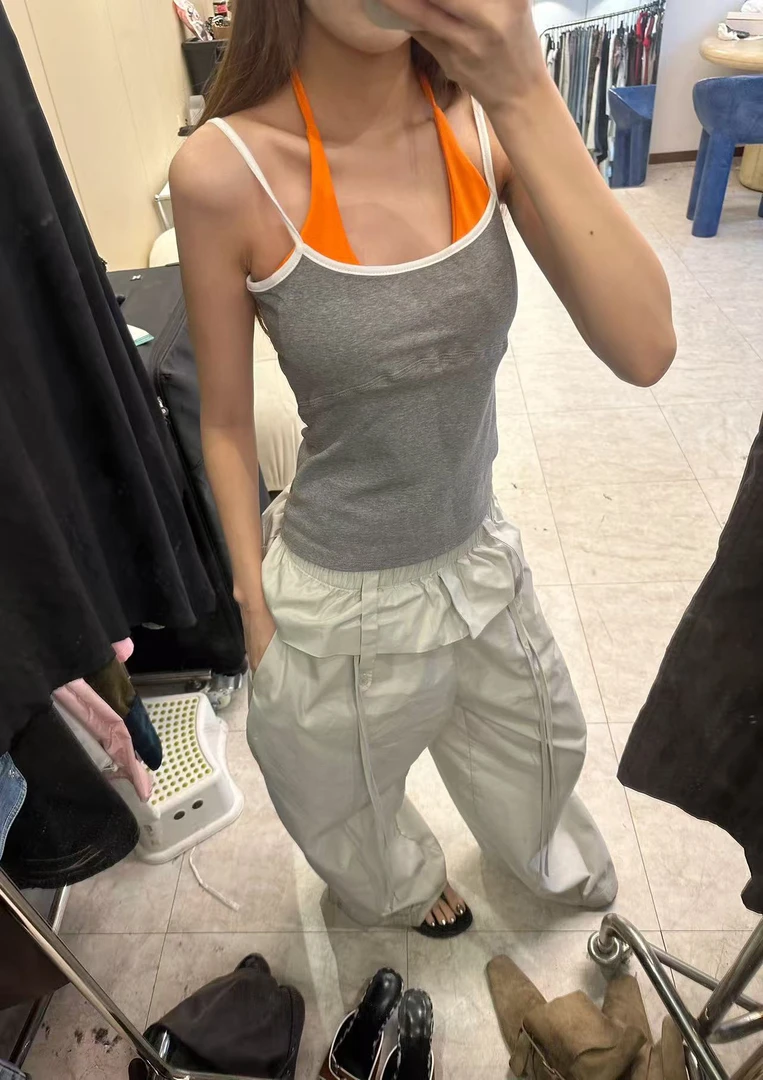 馒头 福（1mtt235#）海边度假风！挂脖式假两件撞色背心吊带 7-9