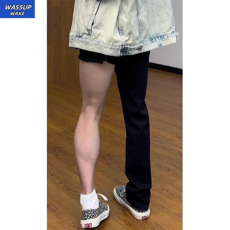 WASSUP WAKE美式vibe风黑色裤子男秋季显瘦微喇牛仔裤直筒休闲裤