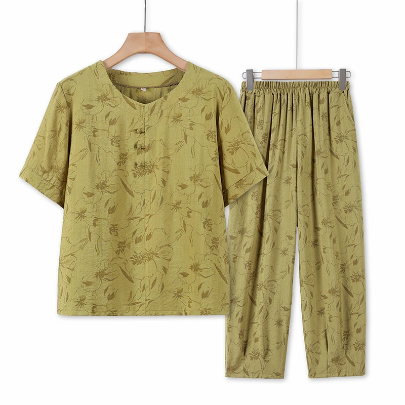 妈妈夏装棉套装老年人女套装奶奶装老太太短袖两件套时尚宽松