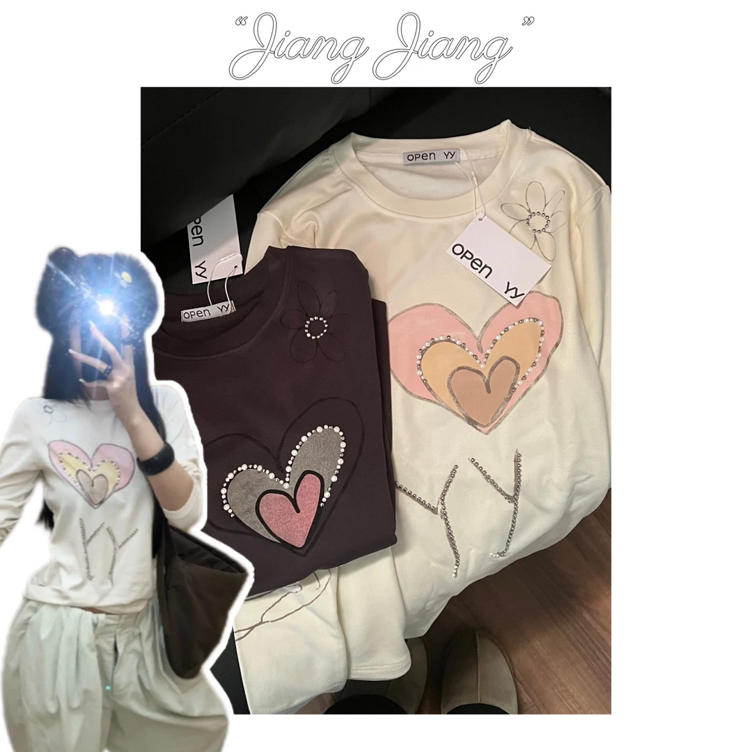 钉珠YY - 韩国单休闲百搭重工珍珠印花爱心涂鸦打底T修身上衣长袖