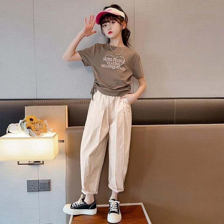 女童中大童时髦洋气短袖套装春夏薄款爱心字母收腰长裤儿童两件套