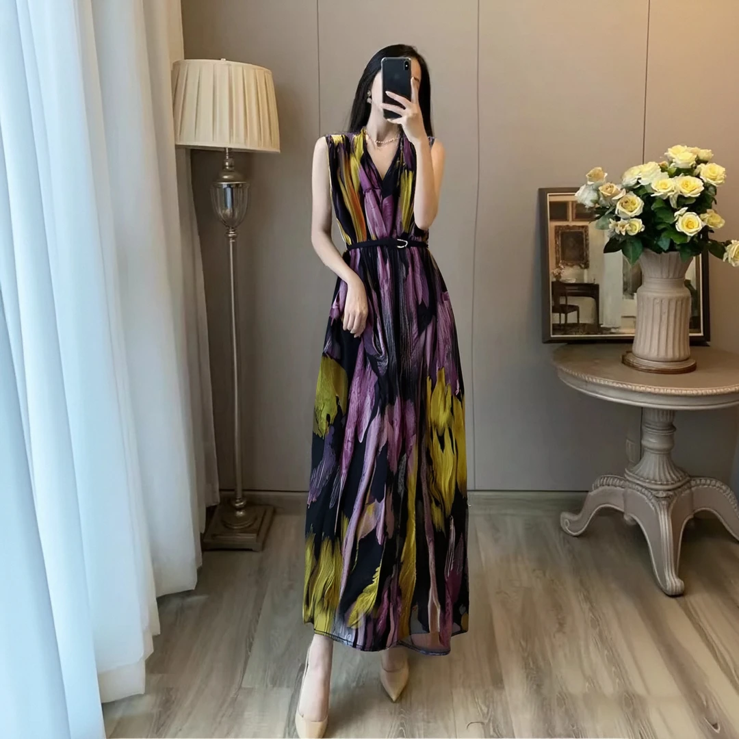 【送腰带】2025夏季高级感时尚长款氛围感气质修身连衣裙女D1545