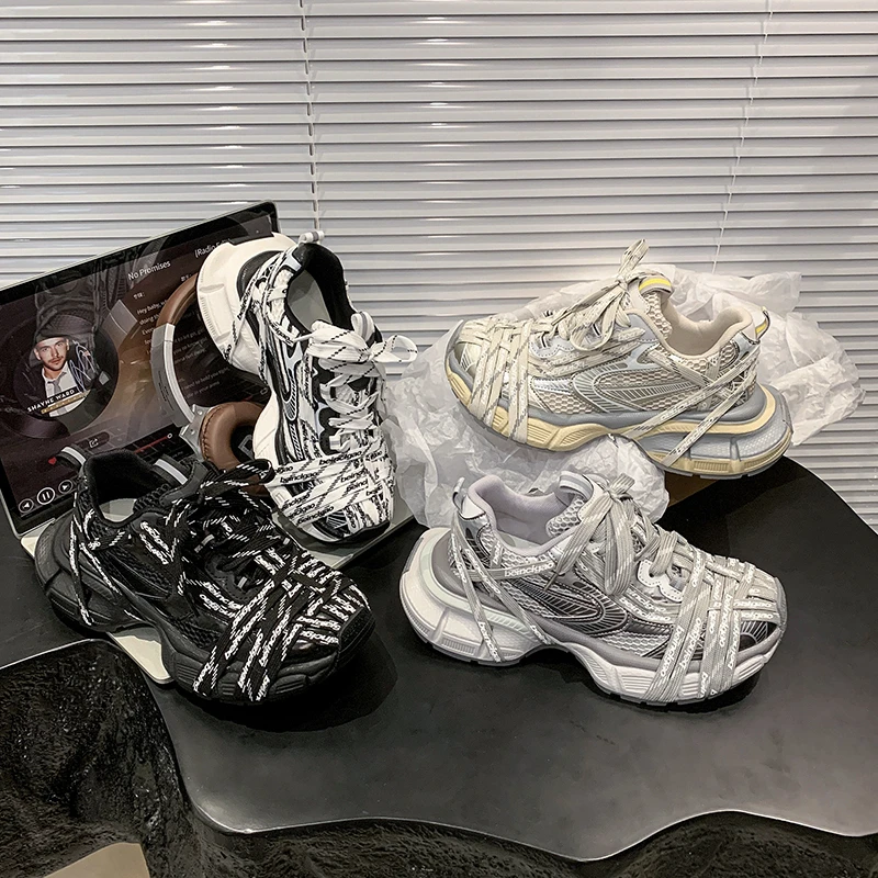 厚底老爹鞋做旧百搭鞋子潮流时尚休闲鞋增高夏季绑带运动网面鞋