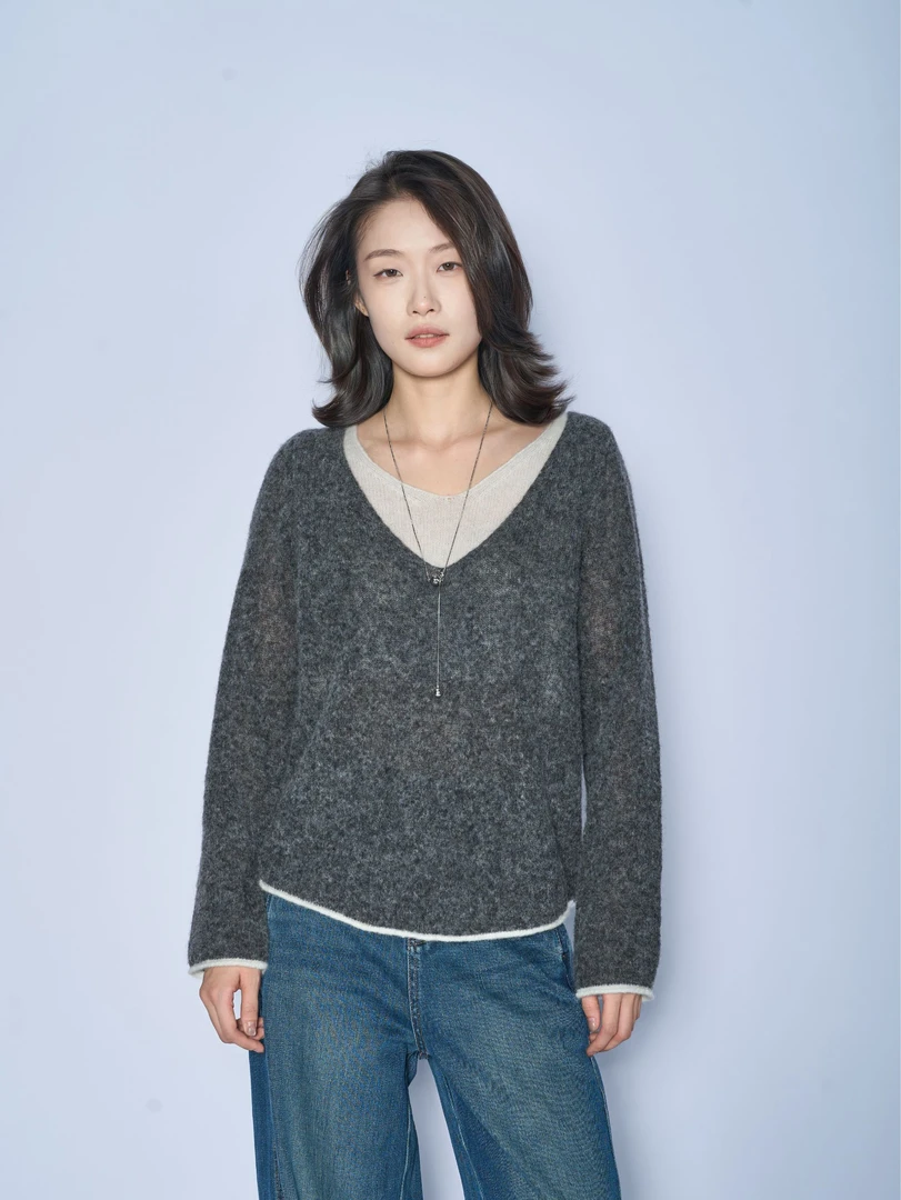 AUTUZCCIpolo衫女羊毛混纺羊驼显瘦假两件长袖百搭秋冬羊绒针织衫