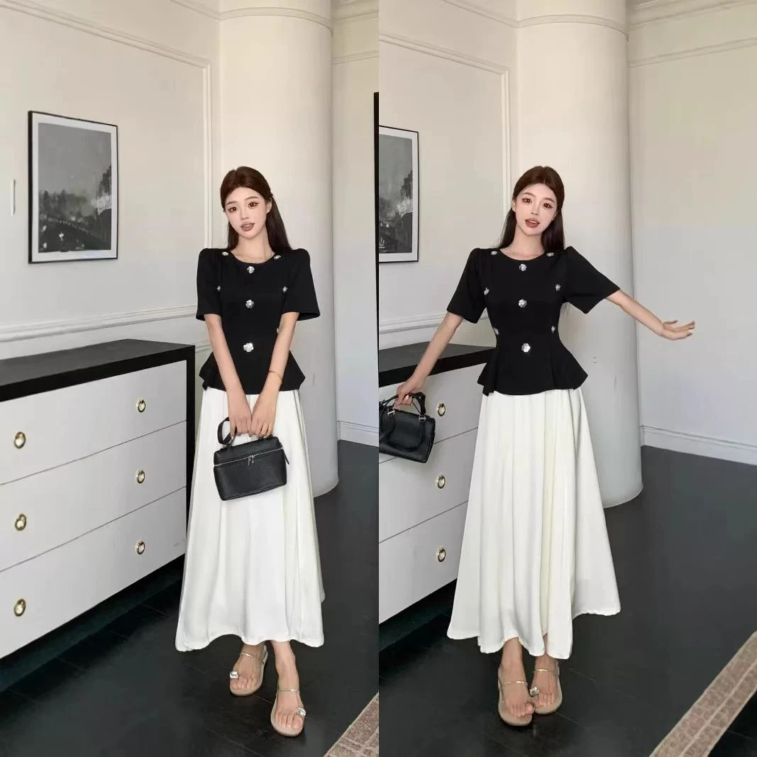 2025年夏新款大码山茶小香韩系立体花朵短袖+半裙两件套HJ-1876