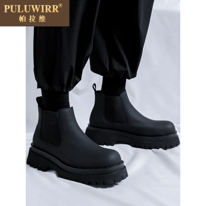 切尔西靴男英伦风低帮工装短靴子男士中筒厚底增高烟筒马丁靴秋冬