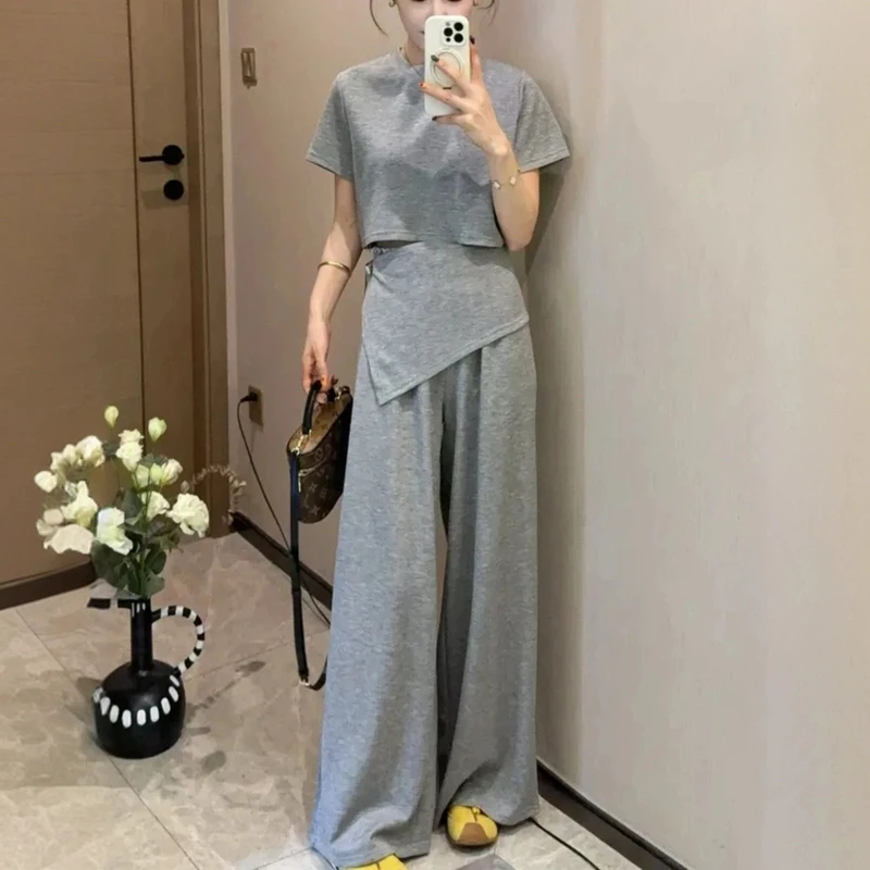 韩系夏装显瘦夏季百搭休闲高腰减龄休闲运动套装直筒宽松气质网红