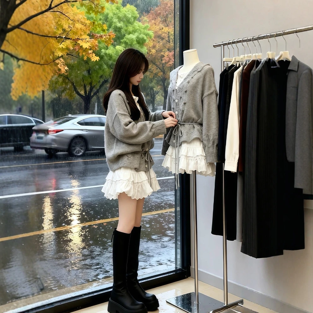 秋日巨好看的两件套韩系慵懒风镂空V领针织上衣吊带连衣裙套装女