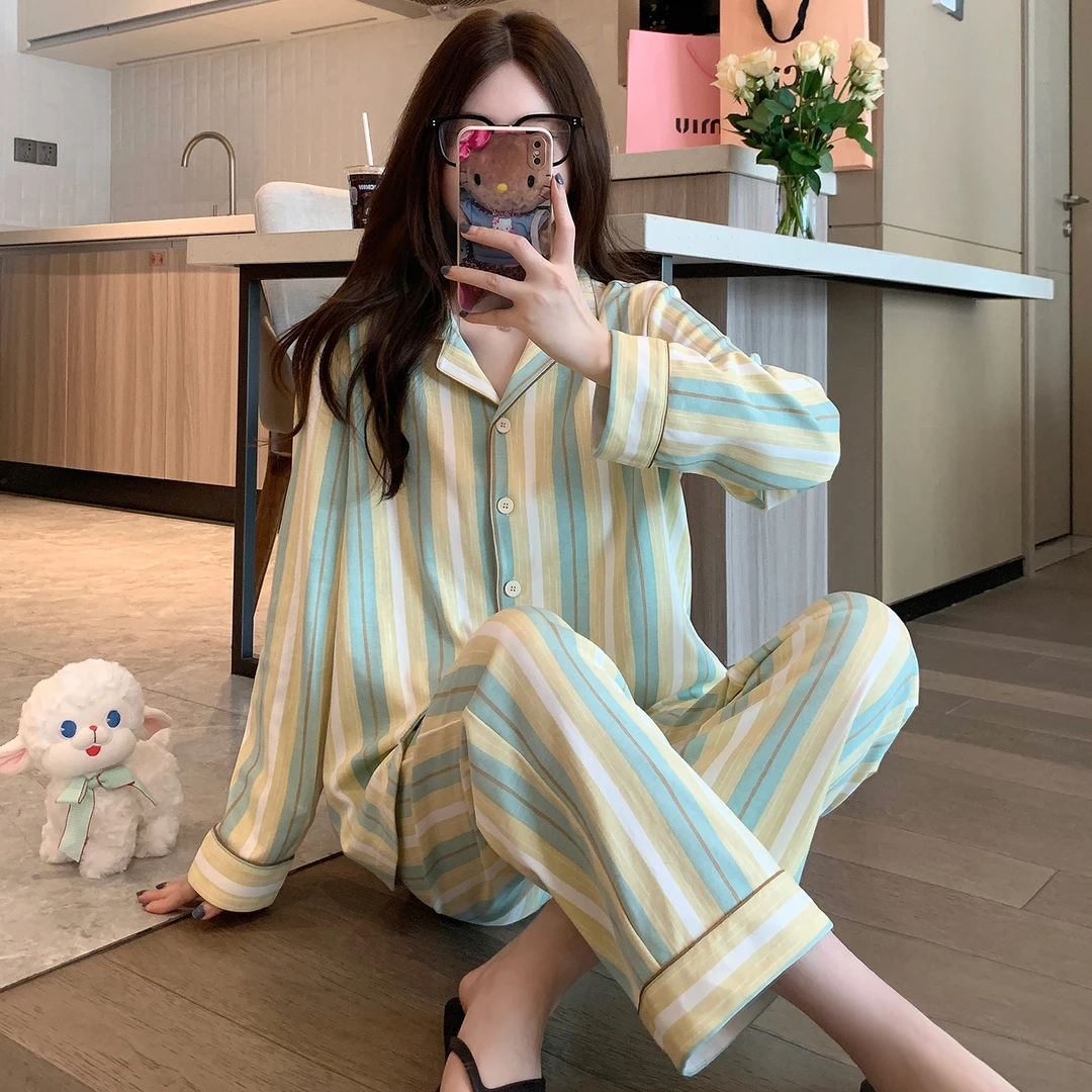 睡衣女款春秋季棉质长袖开衫条纹家居服秋冬款休闲宽松可外穿套装