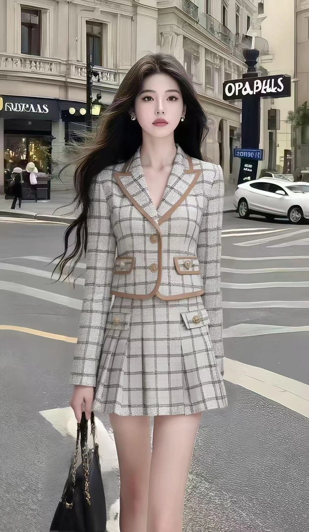 新款显瘦小香风灰色格子翻领长袖上衣+灰色格子百搭半身裙两件套