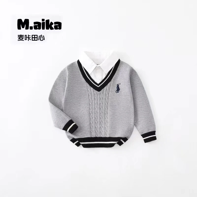 2025春秋02款儿童假两件针织毛衣男童学院风洋气上衣春秋长袖宝宝